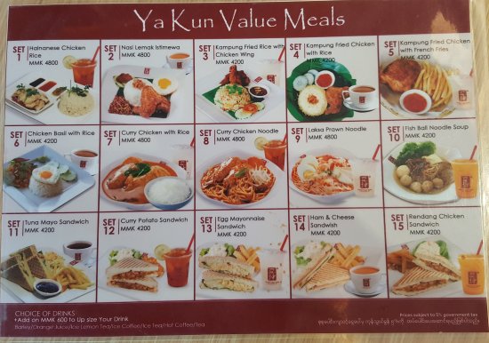 A detailed menu board displaying Ya Kun Family Cafe's value meals and drink options.