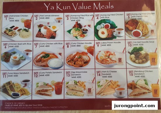 A detailed menu board displaying Ya Kun Family Cafe's value meals and drink options.