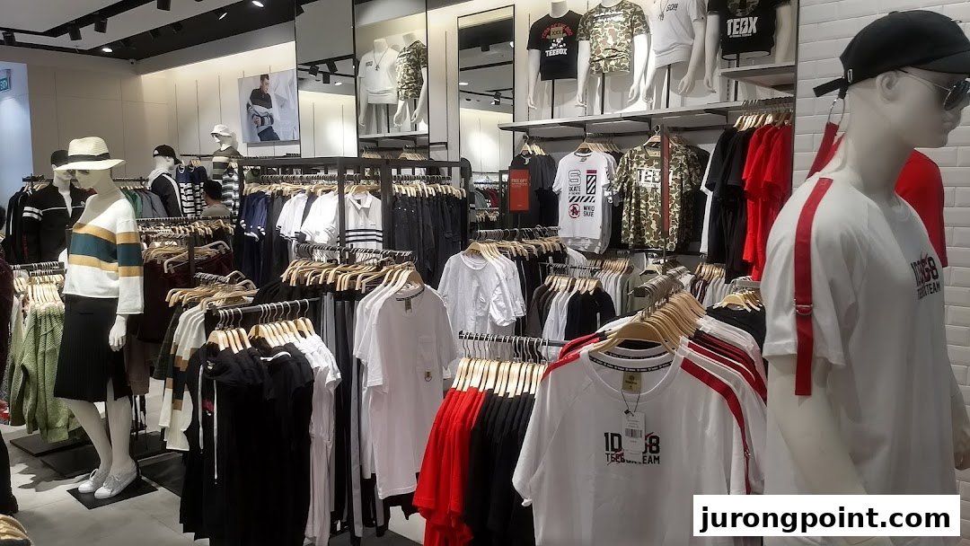 Interior view of YISHION clothing store, showcasing various apparel on mannequins and racks.