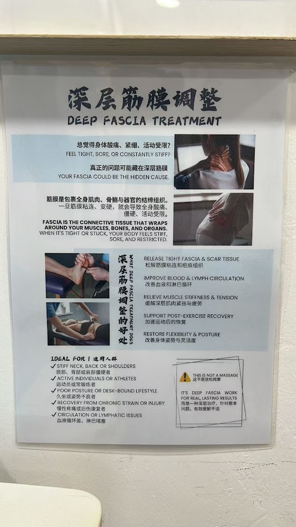 An informational poster detailing Deep Fascia Treatment, its benefits, and ideal candidates at Yong Kang TCM Clinic.