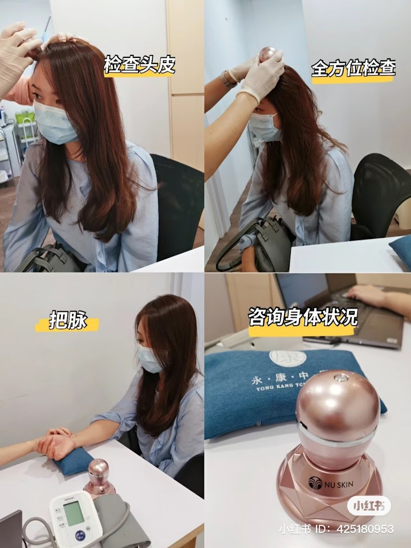 A collage showing a patient undergoing scalp examination, pulse diagnosis, and consultation at a TCM clinic.