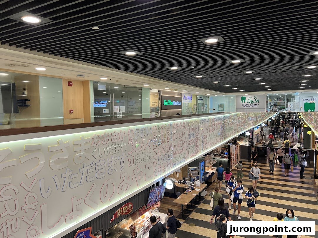 A bustling shopping mall interior featuring an upper level with various clinics and a lower level with shoppers.