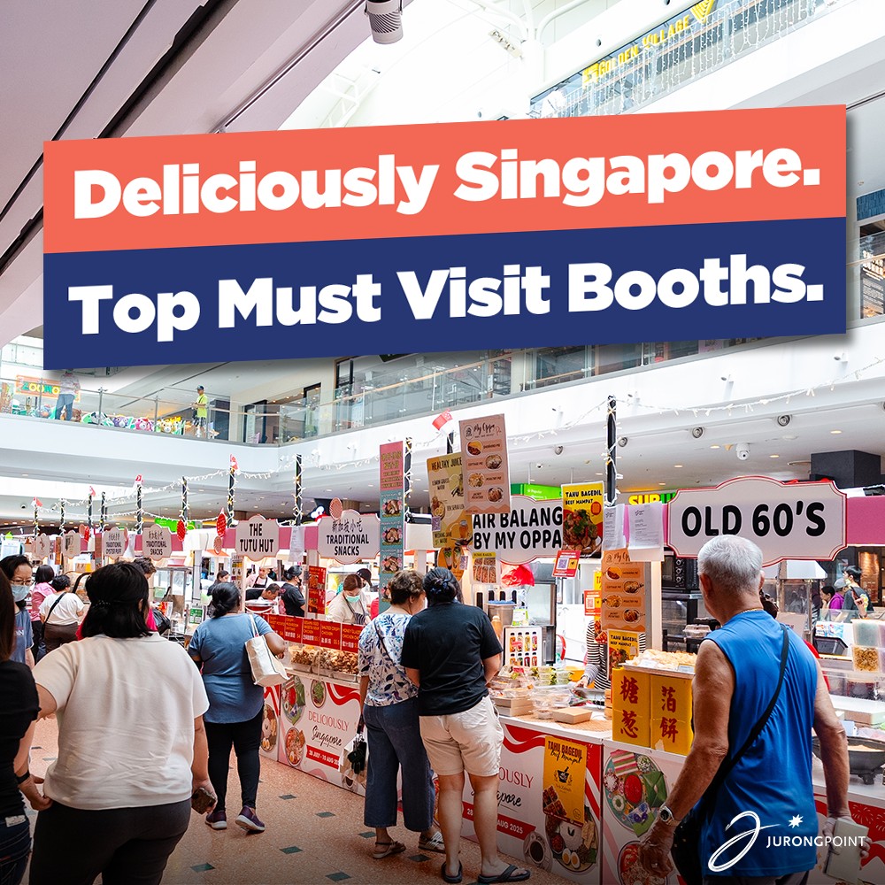 A stall showcasing traditional Singaporean snacks and beverages amidst the fair's festivities.