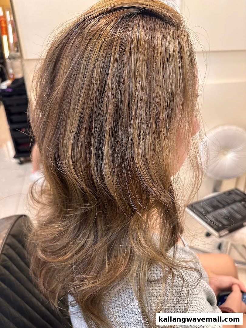 A person's head with beautifully styled and highlighted brown hair, showcasing salon work.