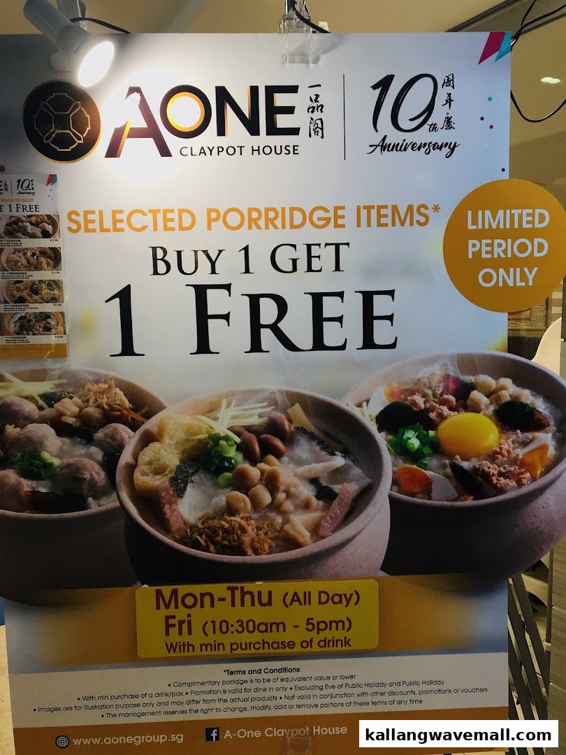 A promotional banner for A-One Claypot House featuring a 'Buy 1 Get 1 Free' offer on selected porridge items.