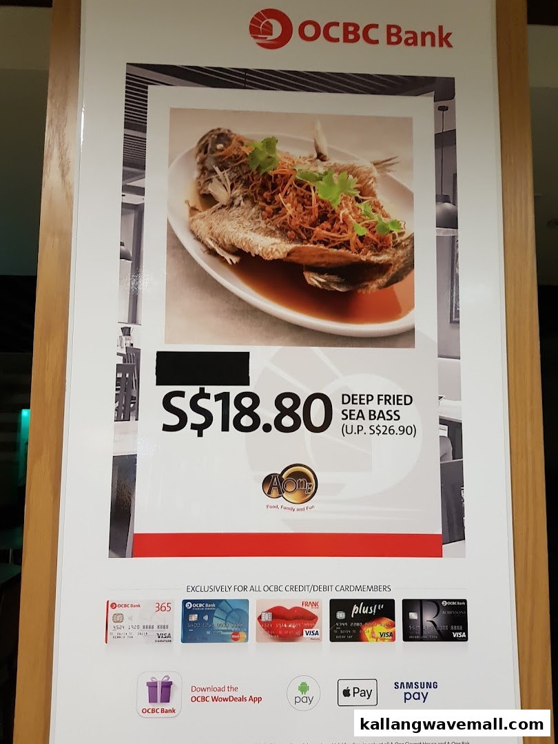 A promotional poster featuring deep-fried sea bass with a special price for OCBC cardmembers at A-One Signature.