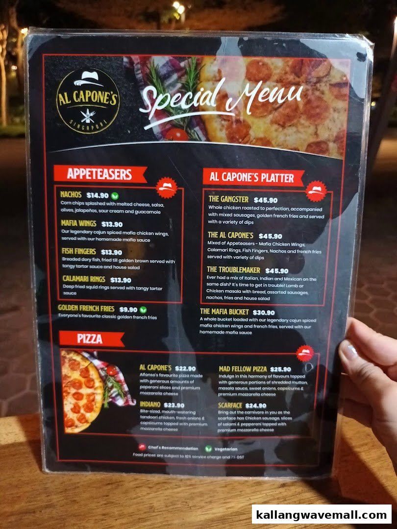 A close-up view of Al Capones' 'Special Menu' featuring appetizers, platters, and pizzas.