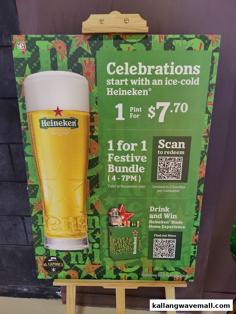 A promotional poster for Heineken beer at Al Capone's, featuring festive deals and a contest.