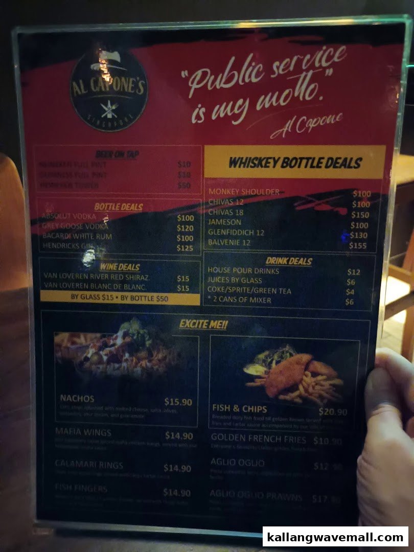 A close-up view of Al Capones' comprehensive menu, featuring drinks and food items.