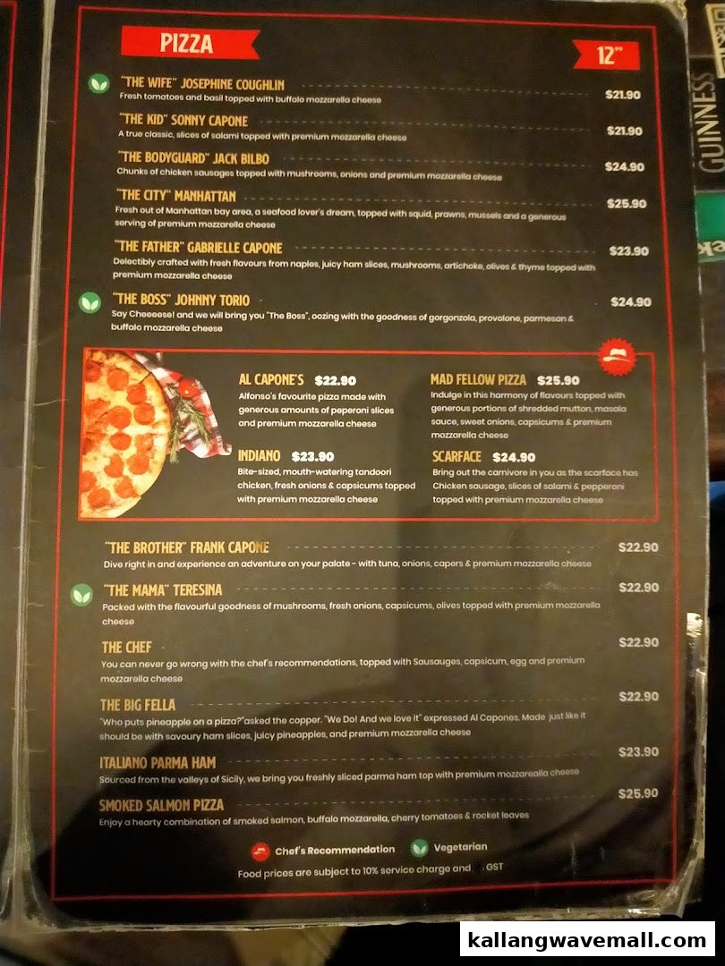 A detailed menu displaying various pizza options with descriptions and prices from Al Capones.