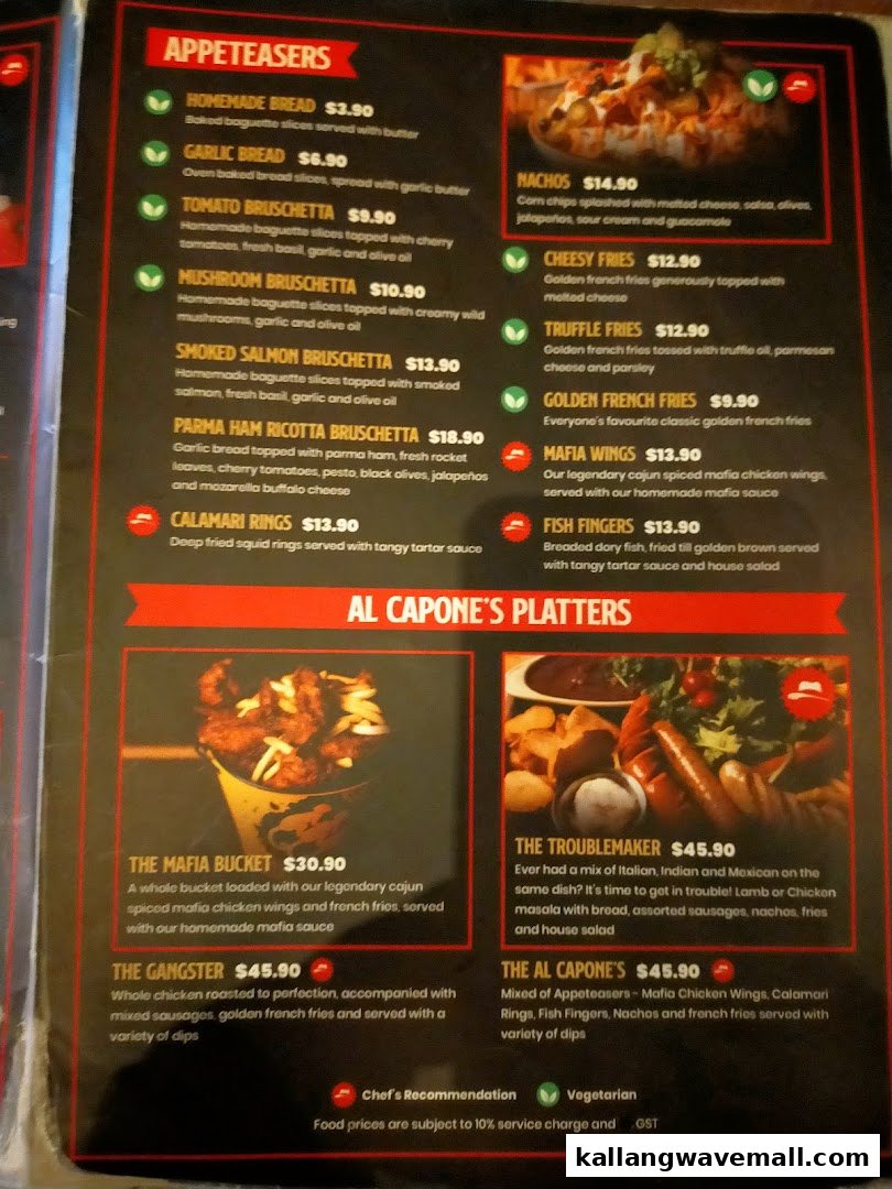 A detailed menu page from Al Capones, showcasing appetizers and platters with prices and descriptions.
