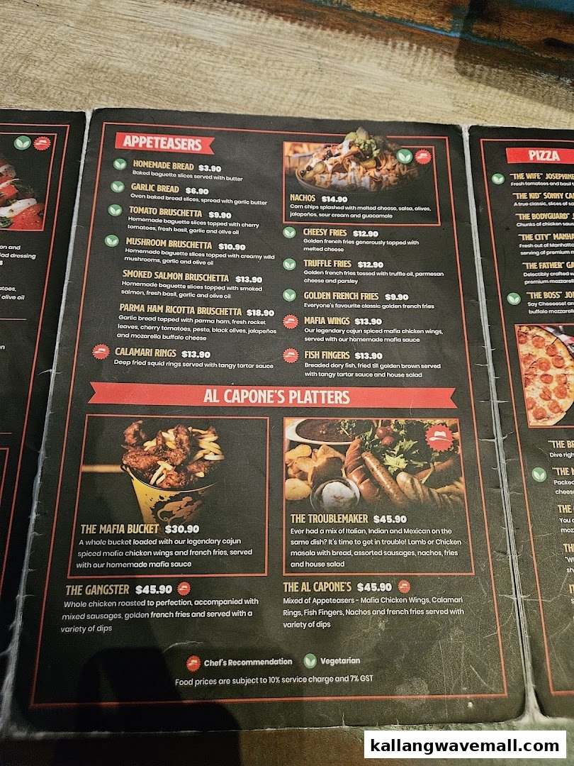 A detailed view of Al Capones' menu, showcasing appetizers, platters, and partially visible pizza options.