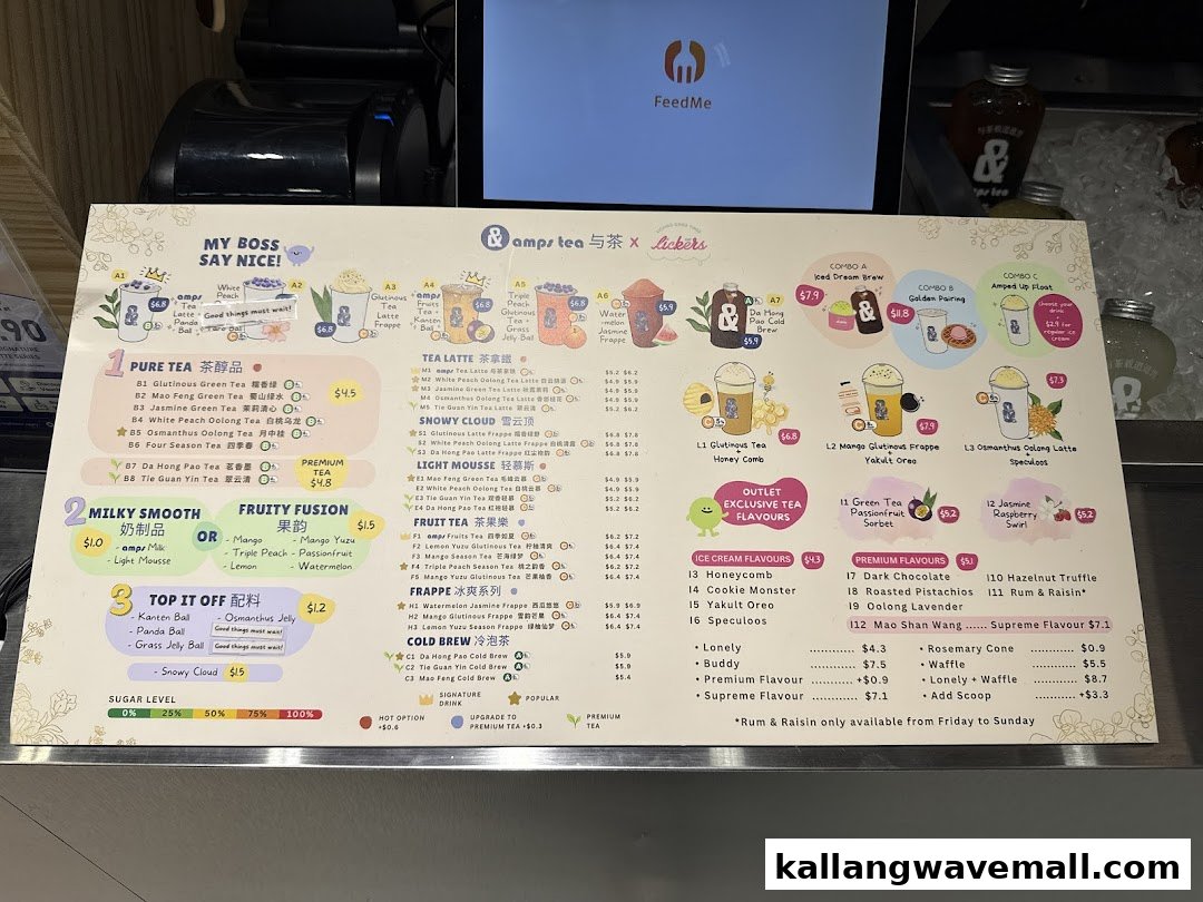 A detailed menu board for amps tea X Lickers, showcasing various tea, frappe, and dessert options.