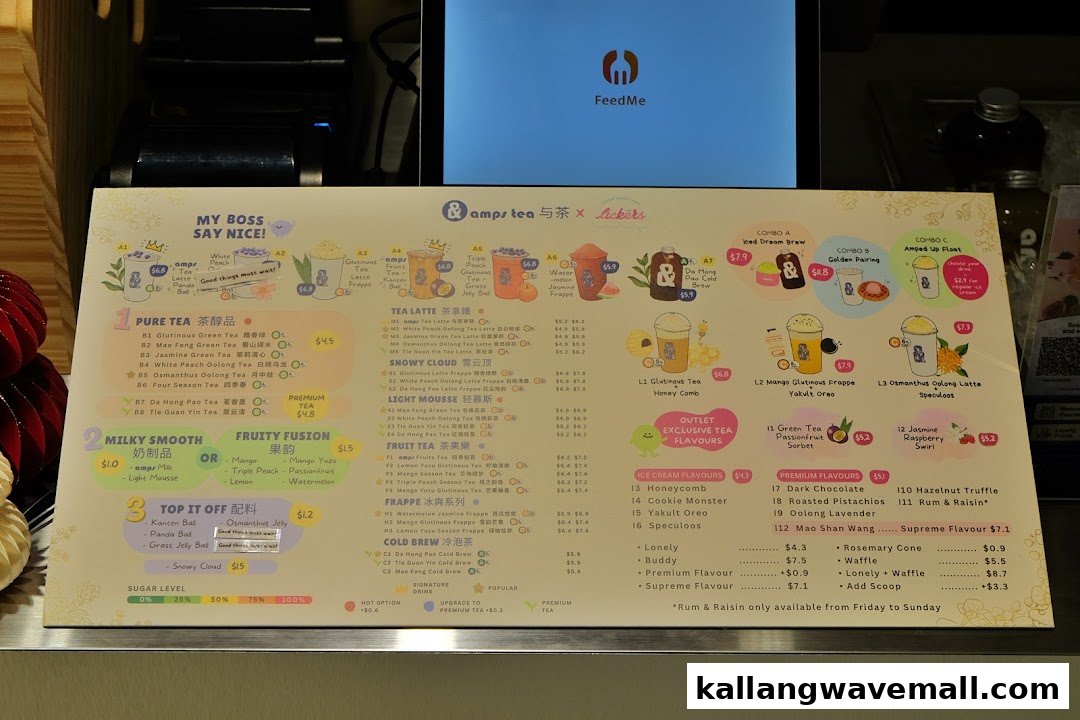 A detailed menu board for amps tea X Lickers, showcasing various beverages and ice cream.