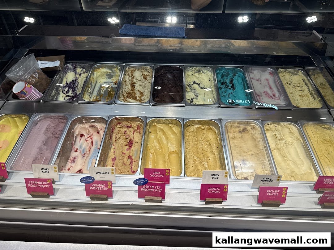 A vibrant display of various ice cream and gelato flavors in a retail freezer.