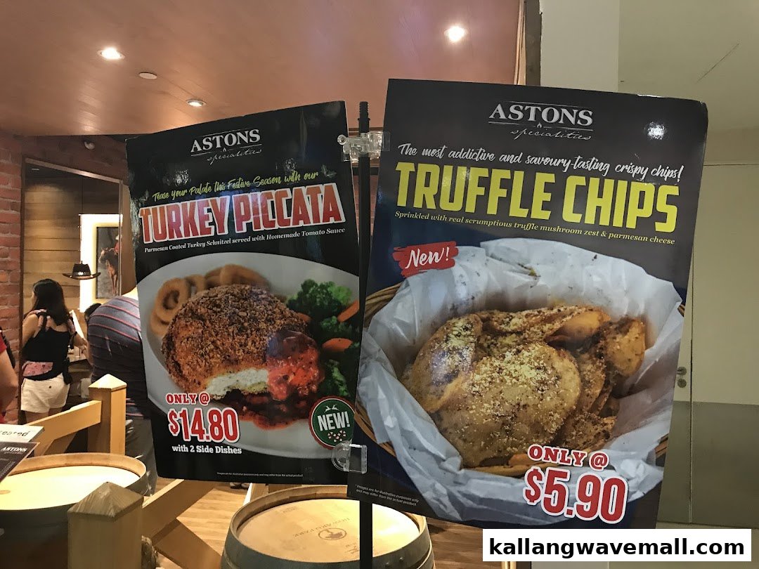 Two promotional posters for Astons Specialities featuring Turkey Piccata and Truffle Chips.