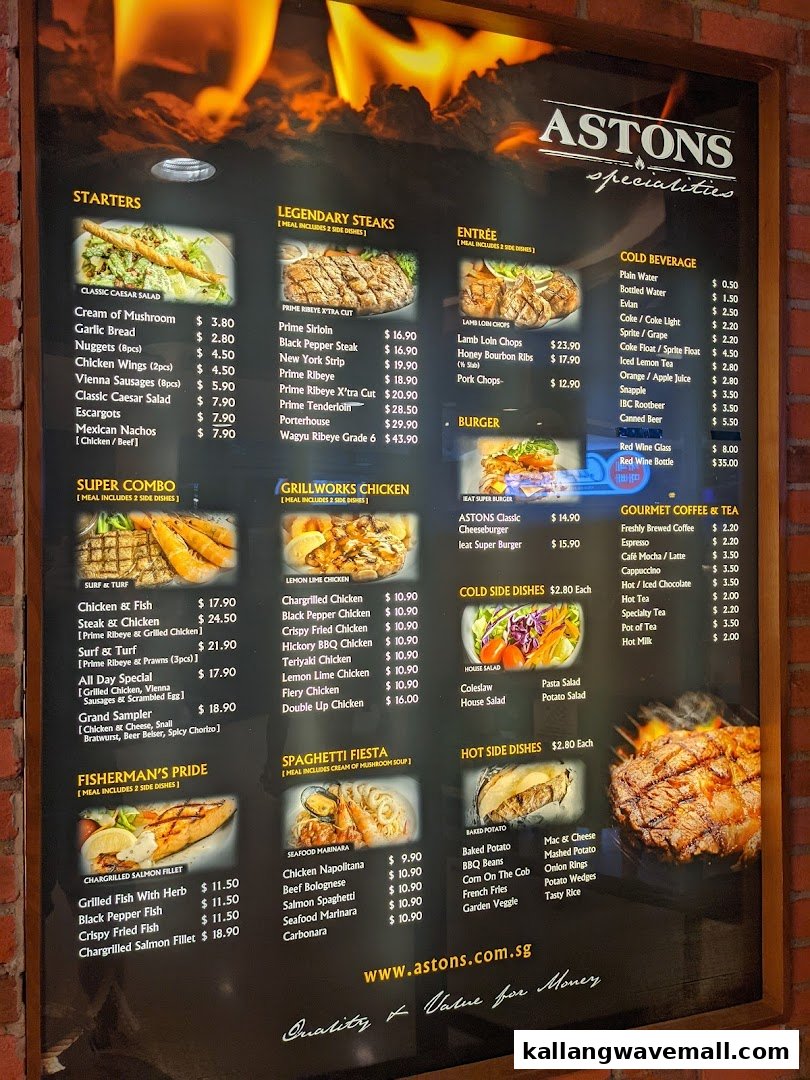 A comprehensive menu board for ASTONS Specialities, displaying a wide array of Western dishes and beverages.