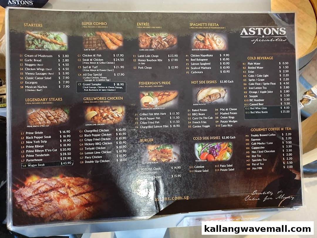 A comprehensive menu board for Astons Specialities, displaying a wide range of Western dishes and beverages.