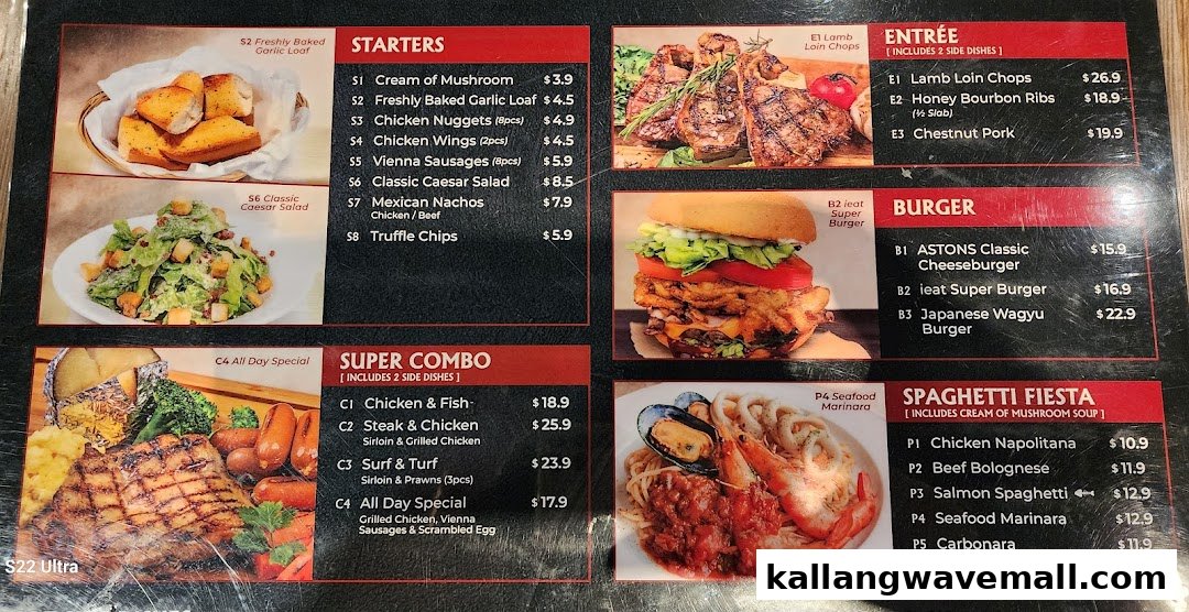A detailed menu board from ASTONS Specialities showcasing a variety of dishes.