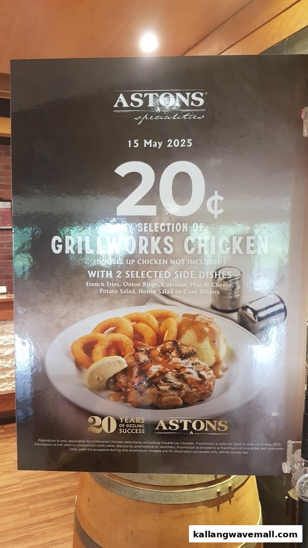 A promotional poster for Aston's Specialities featuring a Grillworks Chicken offer with side dishes.