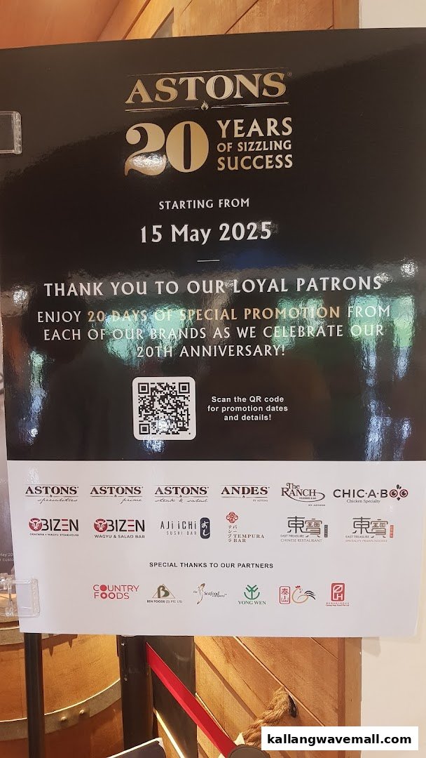 A promotional poster for Astons' 20th anniversary, detailing upcoming promotions and partner brands.