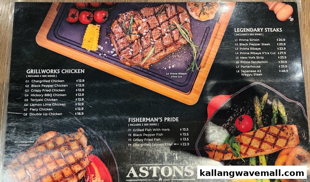 A menu displaying various grilled steaks, chicken, and fish dishes with prices from ASTONS Specialities.