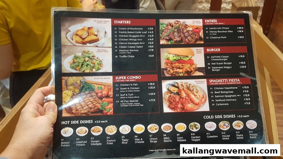 A close-up view of ASTONS Specialities' extensive menu, featuring a variety of Western dishes.