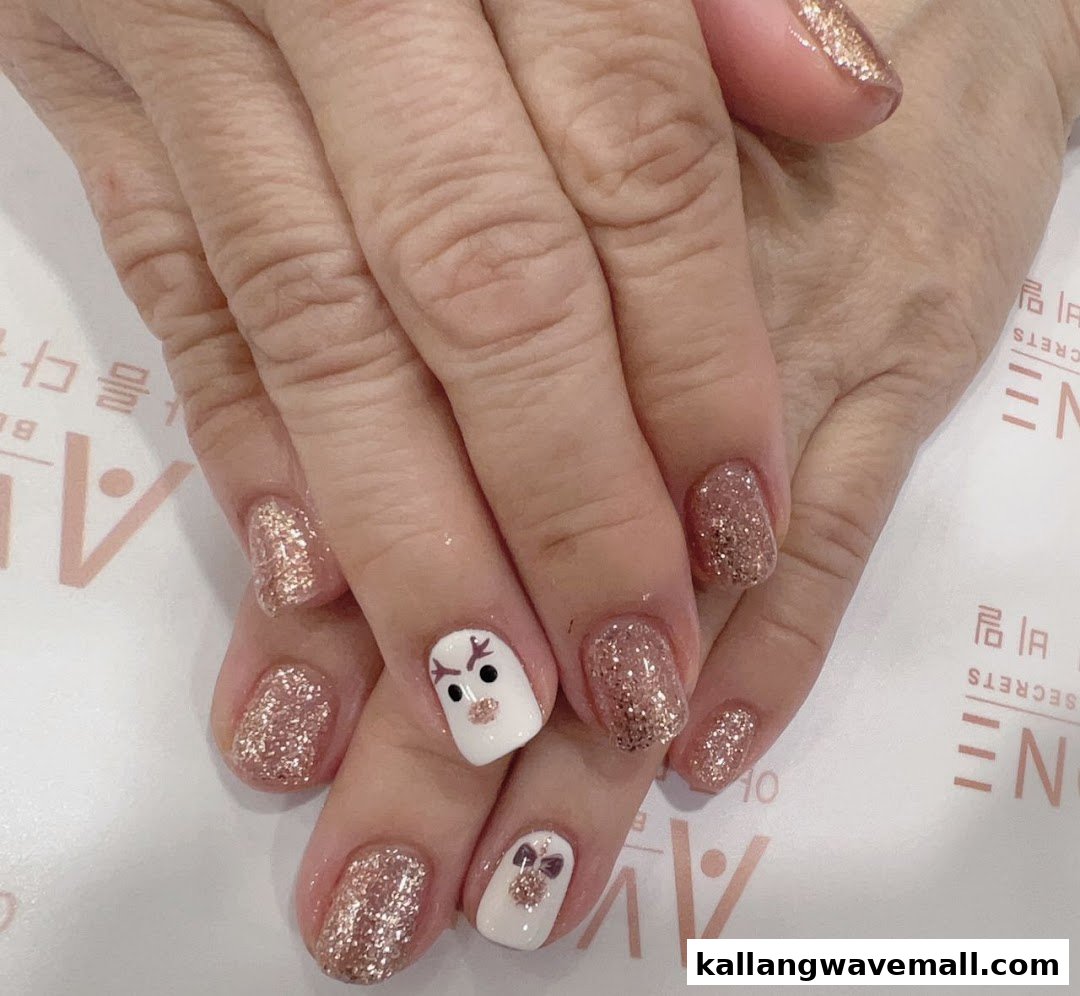 Close-up of hands showcasing festive glitter and character nail art designs.