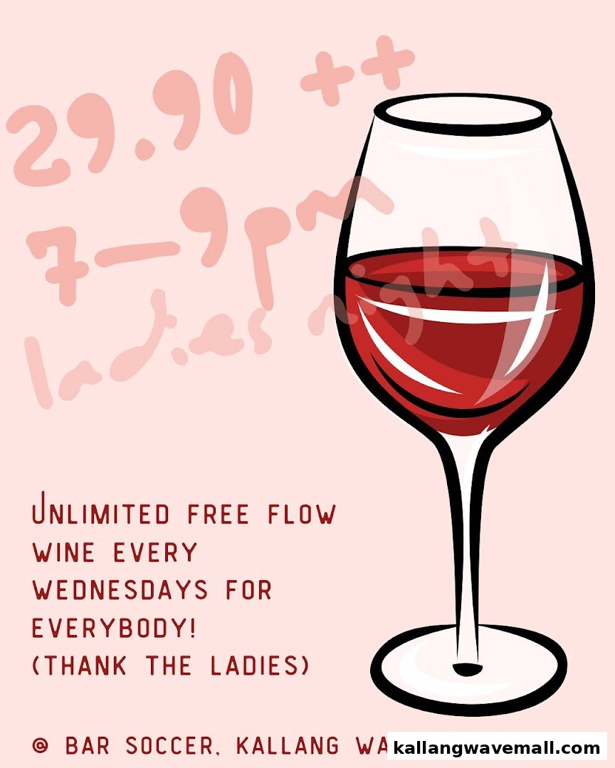 A promotional graphic for Bar Soccer's unlimited free flow wine offer on Wednesdays.