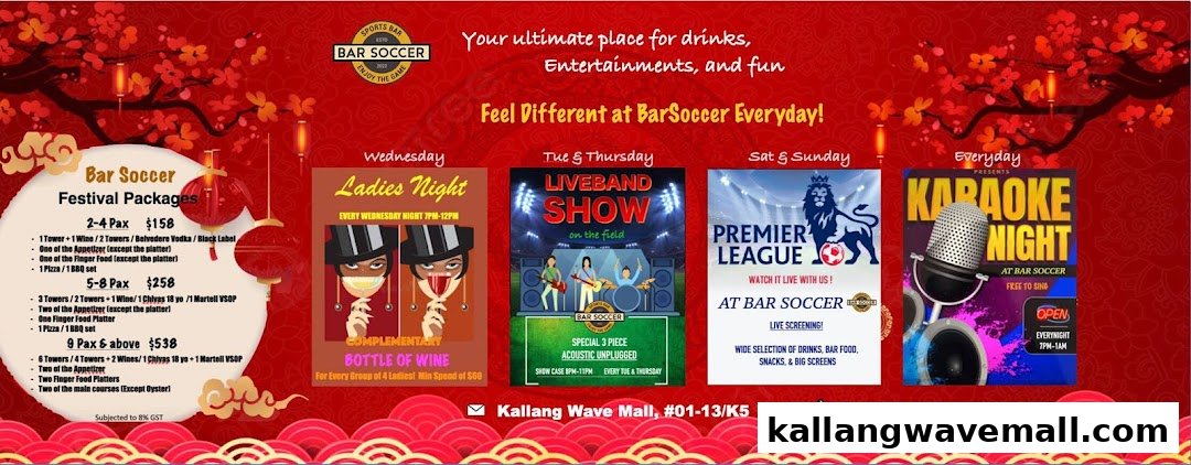 A promotional poster for Bar Soccer, detailing festival packages and daily entertainment events.