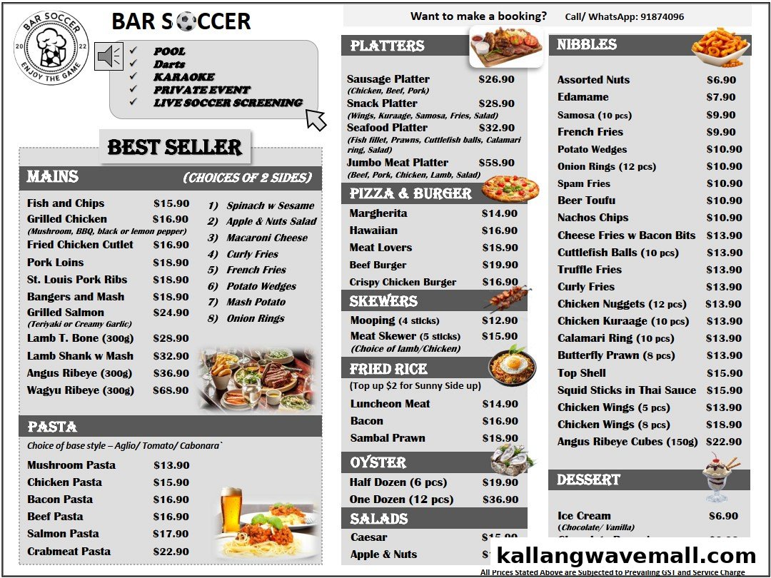 A detailed menu for Bar Soccer, featuring platters, mains, pasta, pizza, burgers, skewers, fried rice, nibbles, oysters, salads, and desserts.