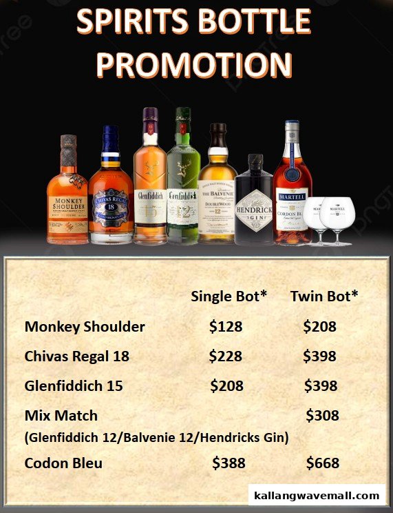 A promotional menu displaying various spirit bottles and their prices for single and twin bottle purchases.