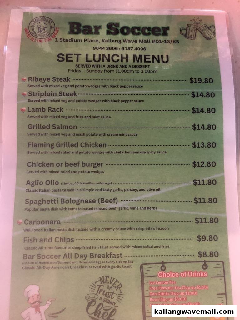 A detailed menu from Bar Soccer, featuring set lunch options, main courses, and drink choices.