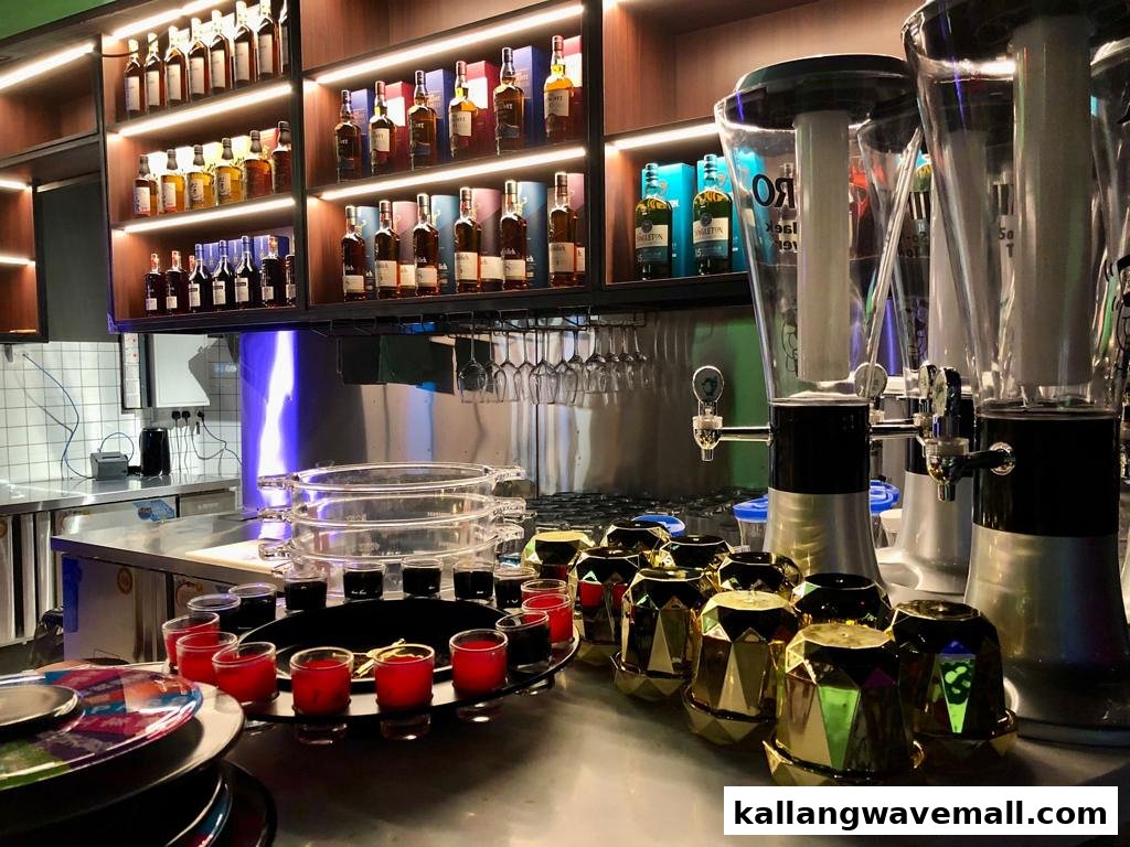 A vibrant bar interior featuring liquor bottles on shelves, drink dispensers, and shot glasses on a counter.