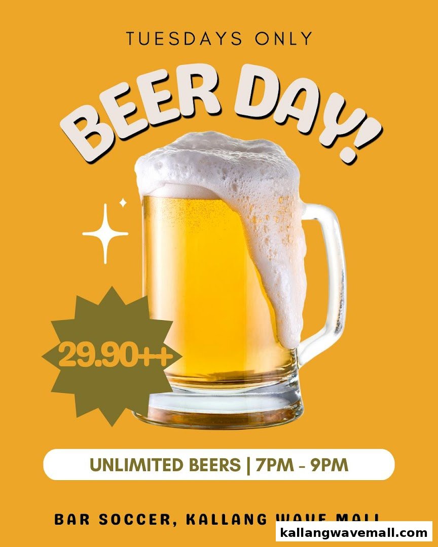 A promotional poster for Bar Soccer's 'Beer Day' featuring a frothy mug of beer and pricing details.