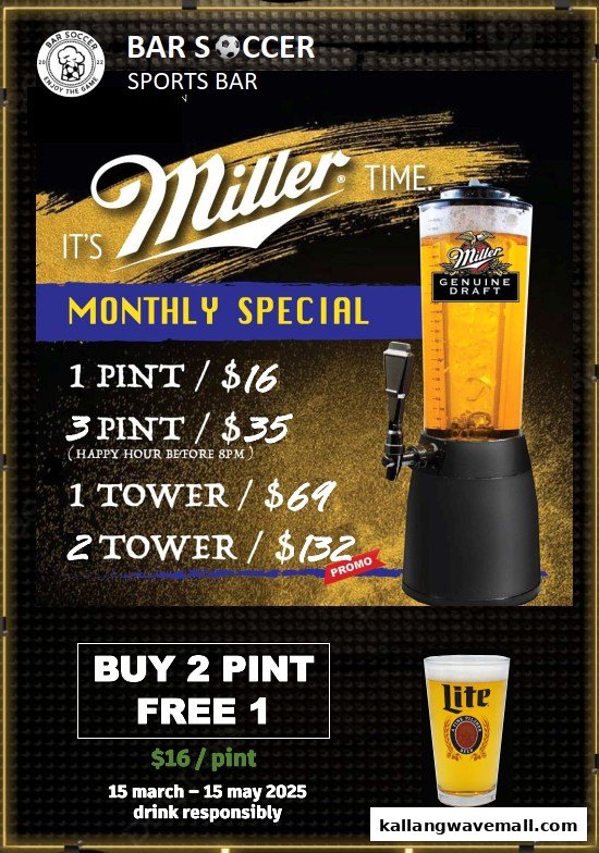 A promotional poster for Bar Soccer, featuring Miller beer specials and happy hour deals.