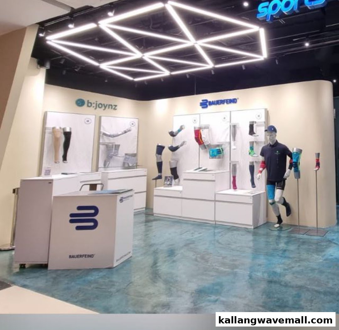 Interior view of Bauerfeind Singapore, showcasing medical and sports compression products on displays and a mannequin.