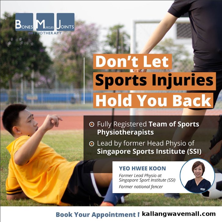An advertisement for BMJ Physio, highlighting sports injury recovery and expert physiotherapists.