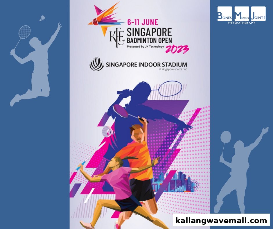 A promotional poster for the Singapore Badminton Open 2023, featuring badminton players and the BMJ Physiotherapy logo.