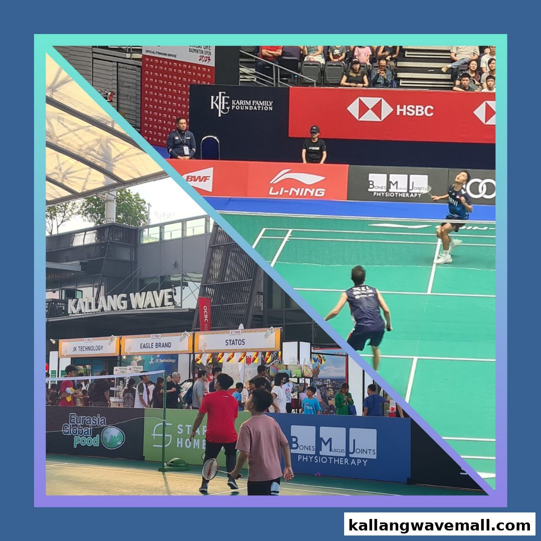 A collage showing indoor badminton action and outdoor activities at Singapore Sports Hub, featuring clinic branding.