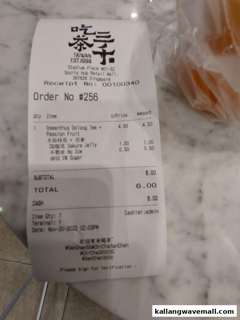 A detailed receipt from CHICHA San Chen, showing a bubble tea order and transaction details.