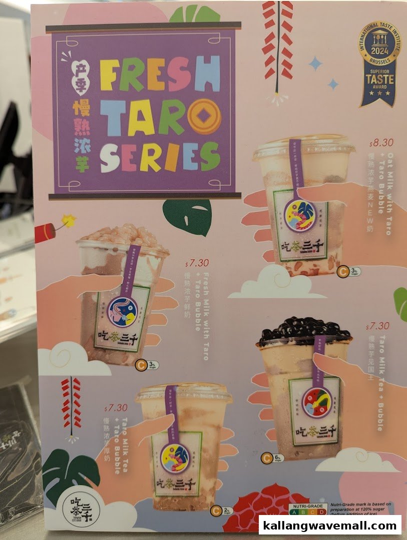 A vibrant menu showcasing CHICHA San Chen's Fresh Taro Series bubble tea drinks with prices and details.
