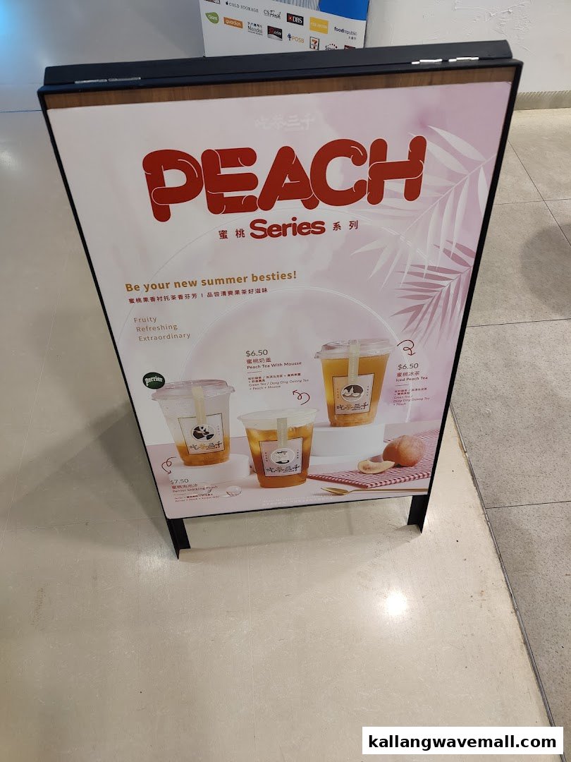 A vibrant display board showcasing CHICHA San Chen's refreshing Peach Series beverages with prices.