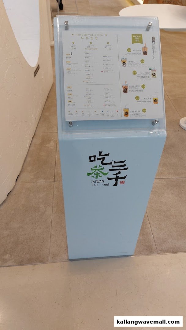 A clear view of CHICHA San Chen's menu stand, showcasing their extensive beverage offerings.
