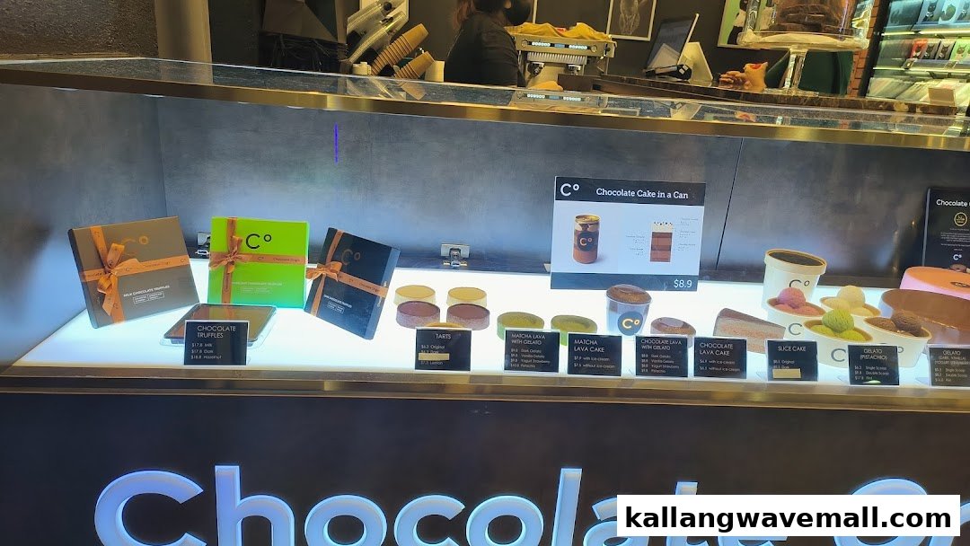 A vibrant display counter at Chocolate Origin showcasing a variety of delectable cakes, tarts, truffles, and gelato.