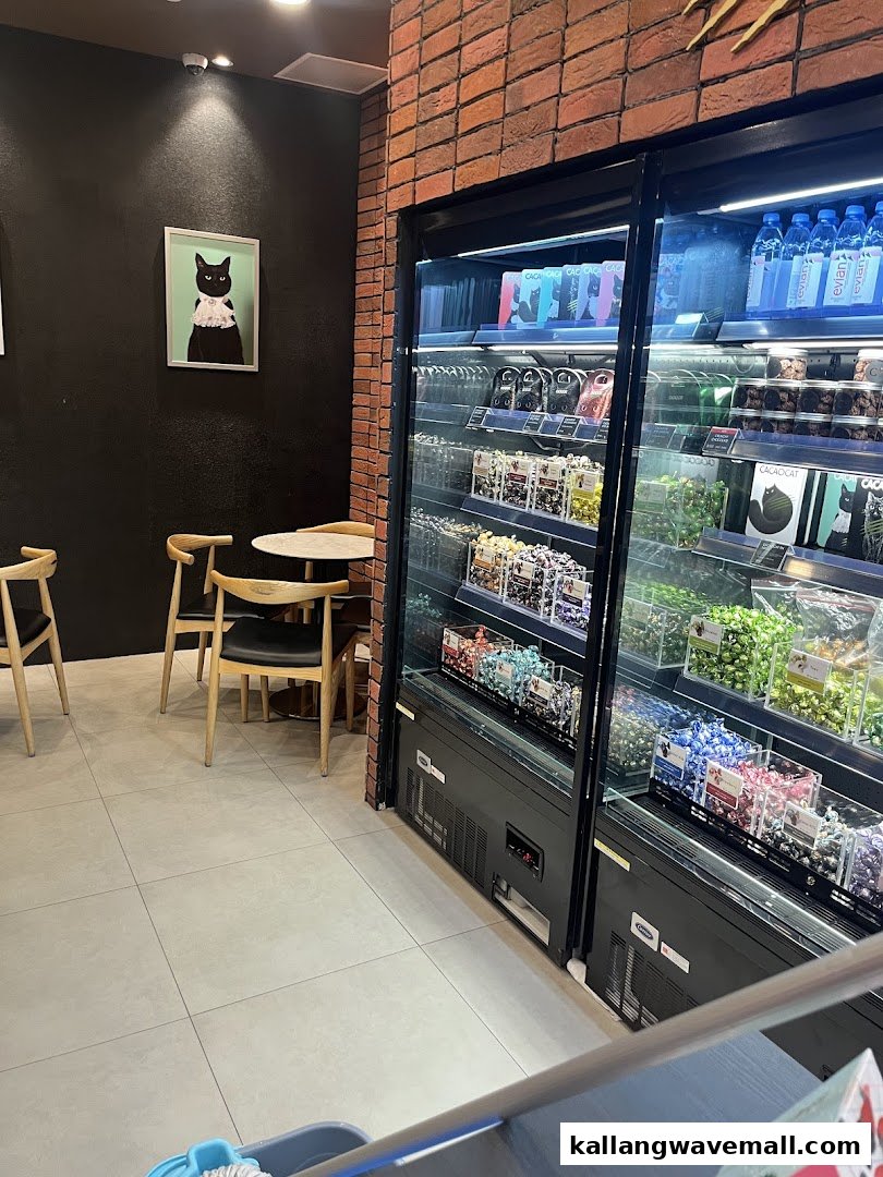 Interior view of Chocolate Origin featuring seating, a black cat painting, and display fridges with products.