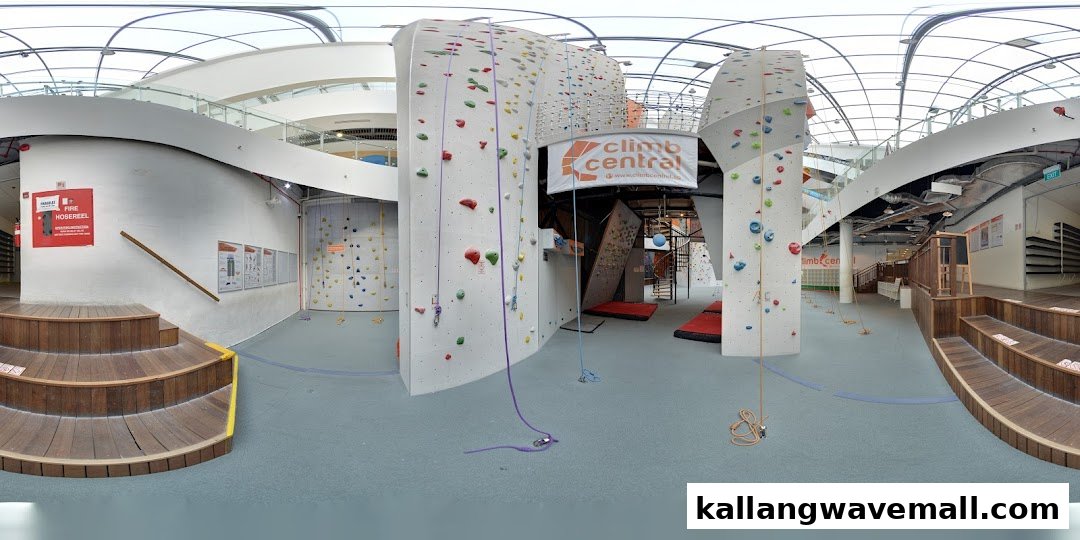 Panoramic view of Climb Central Sports Hub, featuring multiple climbing walls, bouldering areas, and ropes.