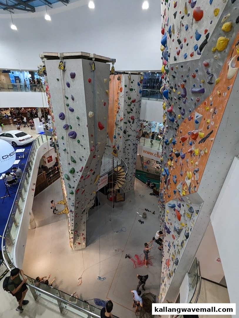 An expansive indoor climbing gym with multiple colorful walls and climbers in action.