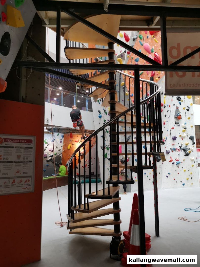An indoor climbing gym with a spiral staircase, featuring climbers on colorful walls and a training area.