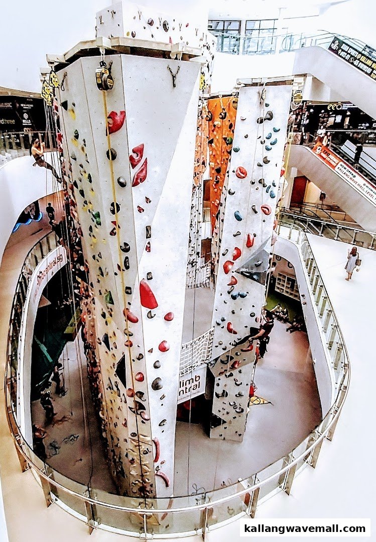 An indoor climbing gym with multiple tall climbing walls and climbers, located within a shopping mall.